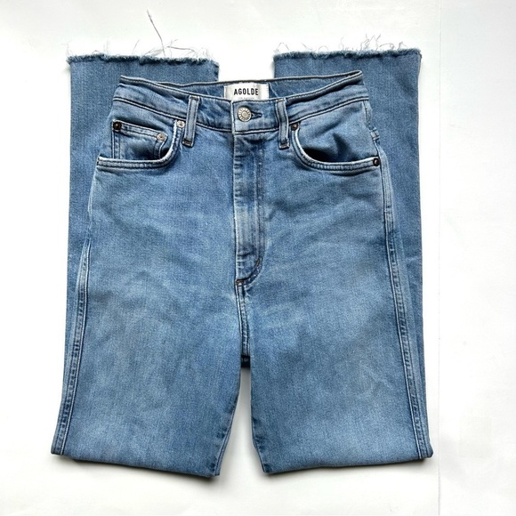 AGOLDE Pinch Waist Straight Jeans High Rise Cut Off Raw Hem Light Divide Wash 24 - Picture 7 of 16